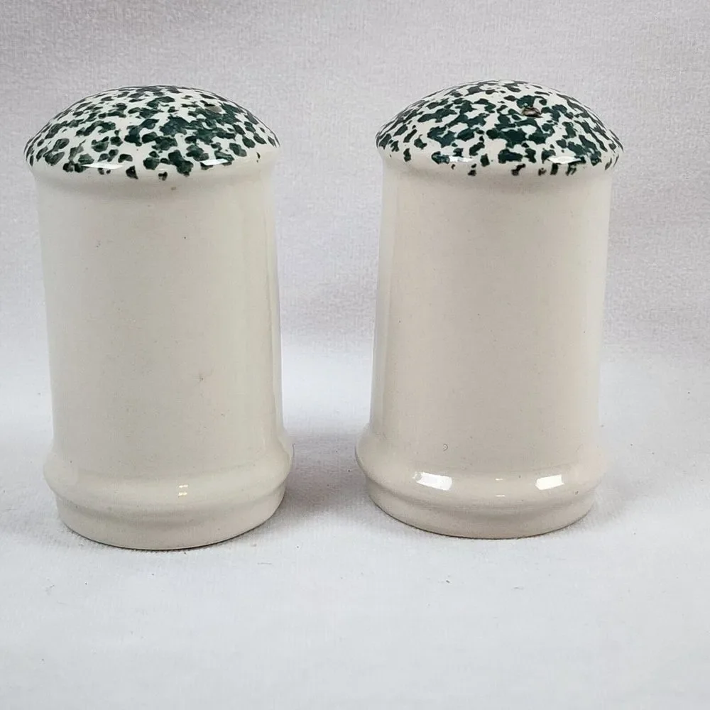 Let It Snow Snowman Ceramic Salt and Pepper Shaker Set Green Speckled Top